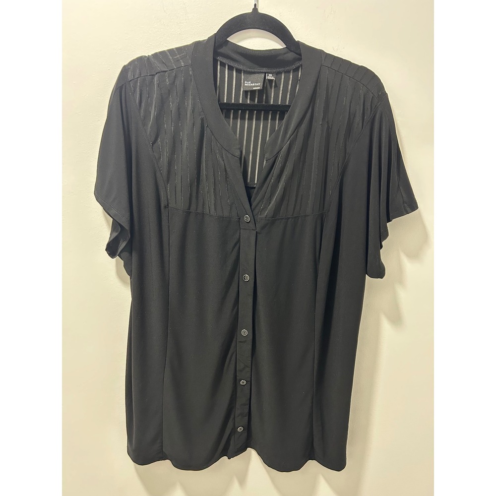 Elie McCarthy Woman Black Short Sleeve Button Up Blouse 3X Textured Stripe Yoke